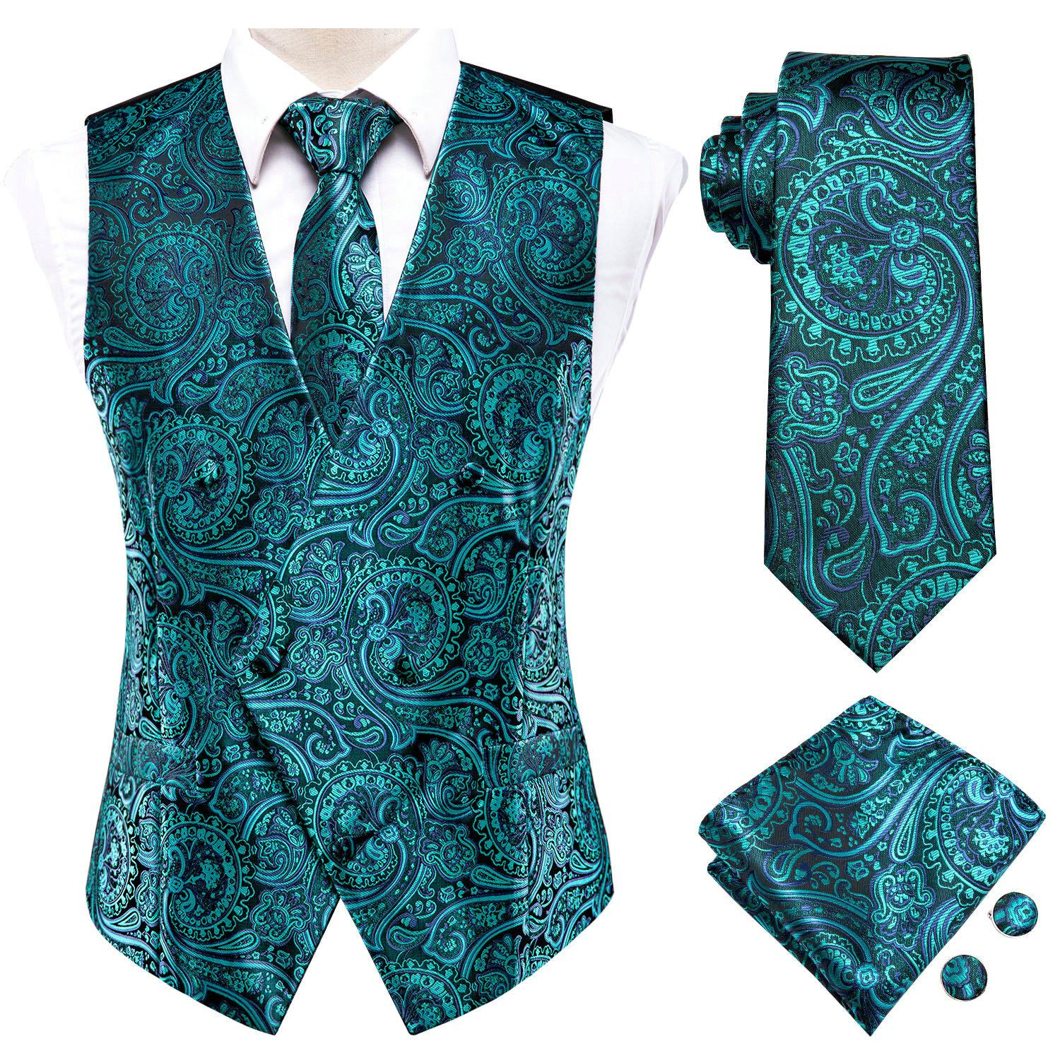 Mode Herren Anzug Weste Rot Blau Paisley Weste Krawatte Einstecktuch Manschettenknöpfe Set für Hochzeit XXL kobaltblau