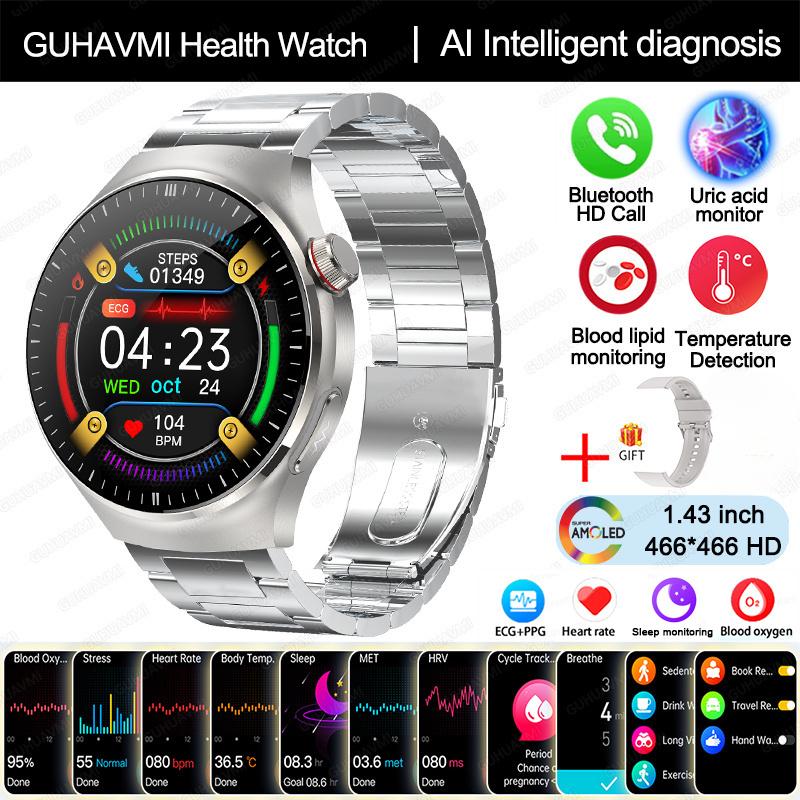 2025 Neue Smartwatch in Krankenpflegequalität Blutsauerstoff Blutfett Harnsäure EKG+PPG Körpertemperatur Bluetooth-Anruf Gesundheits-Smartwatch silver-steel A
