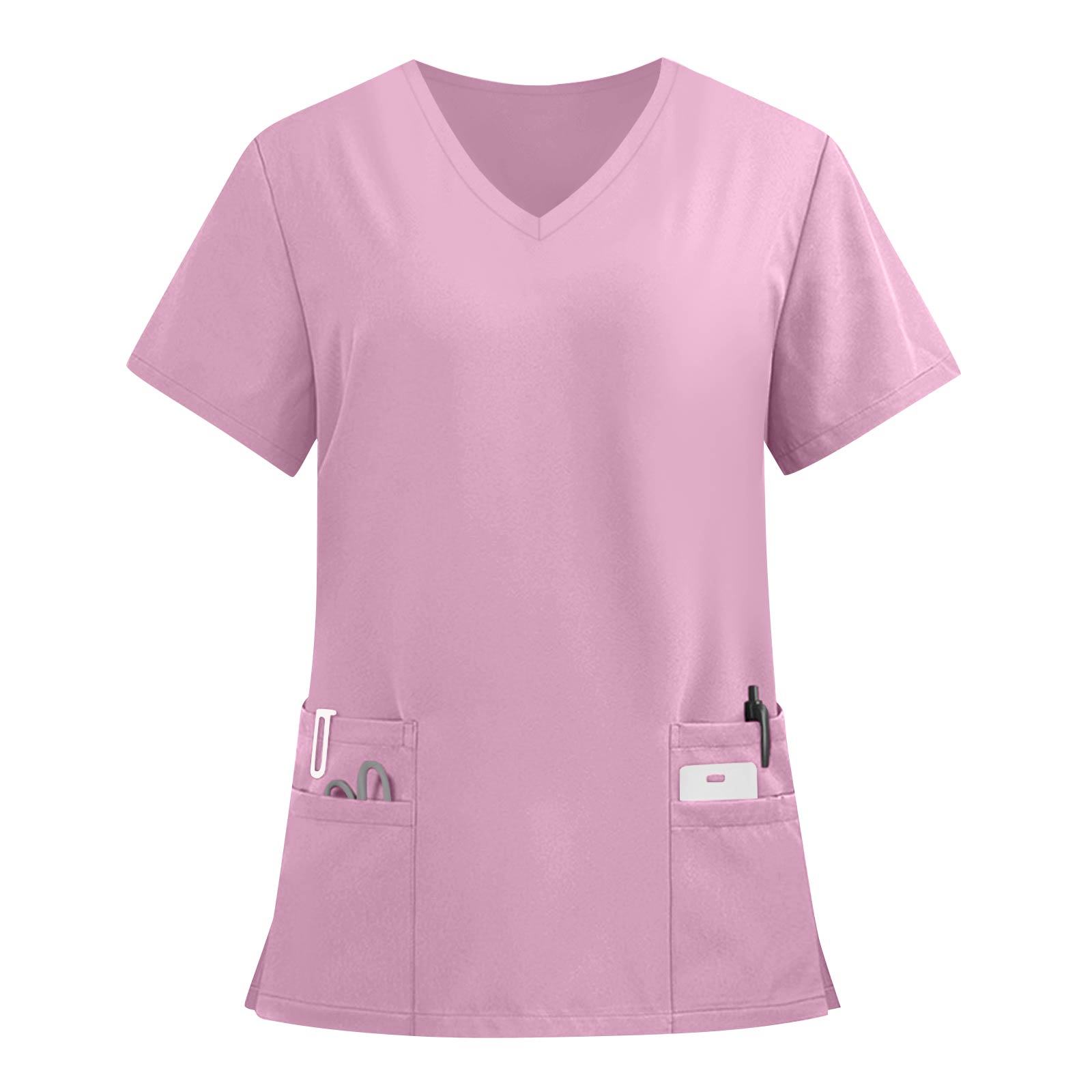 Damen V-Ausschnitt Kurzarm Kasack mit Mehreren Taschen Klassische Passform Stoff für Fachleute XXXL violett