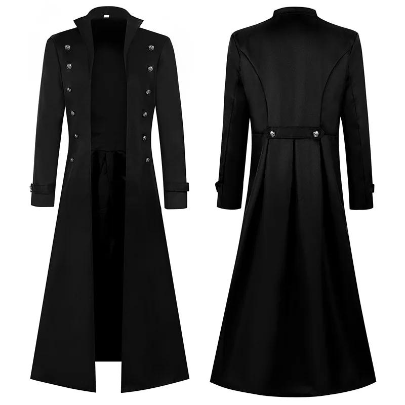 XS-5XL Übergröße Herren Gothic Trench Mittelalterlicher Steampunk Retro-Stil Lange Jacken Zweireihig Einfarbig Herren Vintage Lange Jacken XXXXXL schwarz