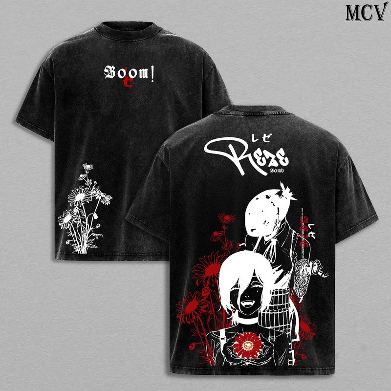 Gewaschenes Chainsaw Man Reze Anime T-Shirt Für Männer Kleidung Heißer Manga-Druck Vintage Oversized T-Shirt Harajuku Y2k Baumwolle Streetwear Damen Herren Kleidung M blau
