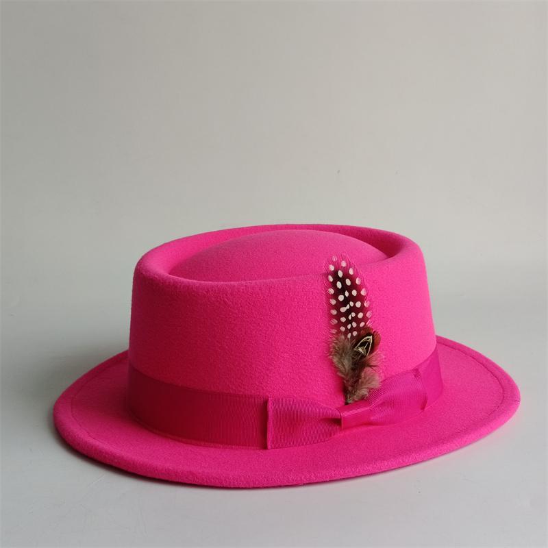 Fedora Hut 4,5 cm Dunkel-Magenta Breiter Rand Herrenmode Herbst/Winter Pork Pie Hut Hochzeits Hut Damen Hut Gorras Para Hombres 56 -58cm pink