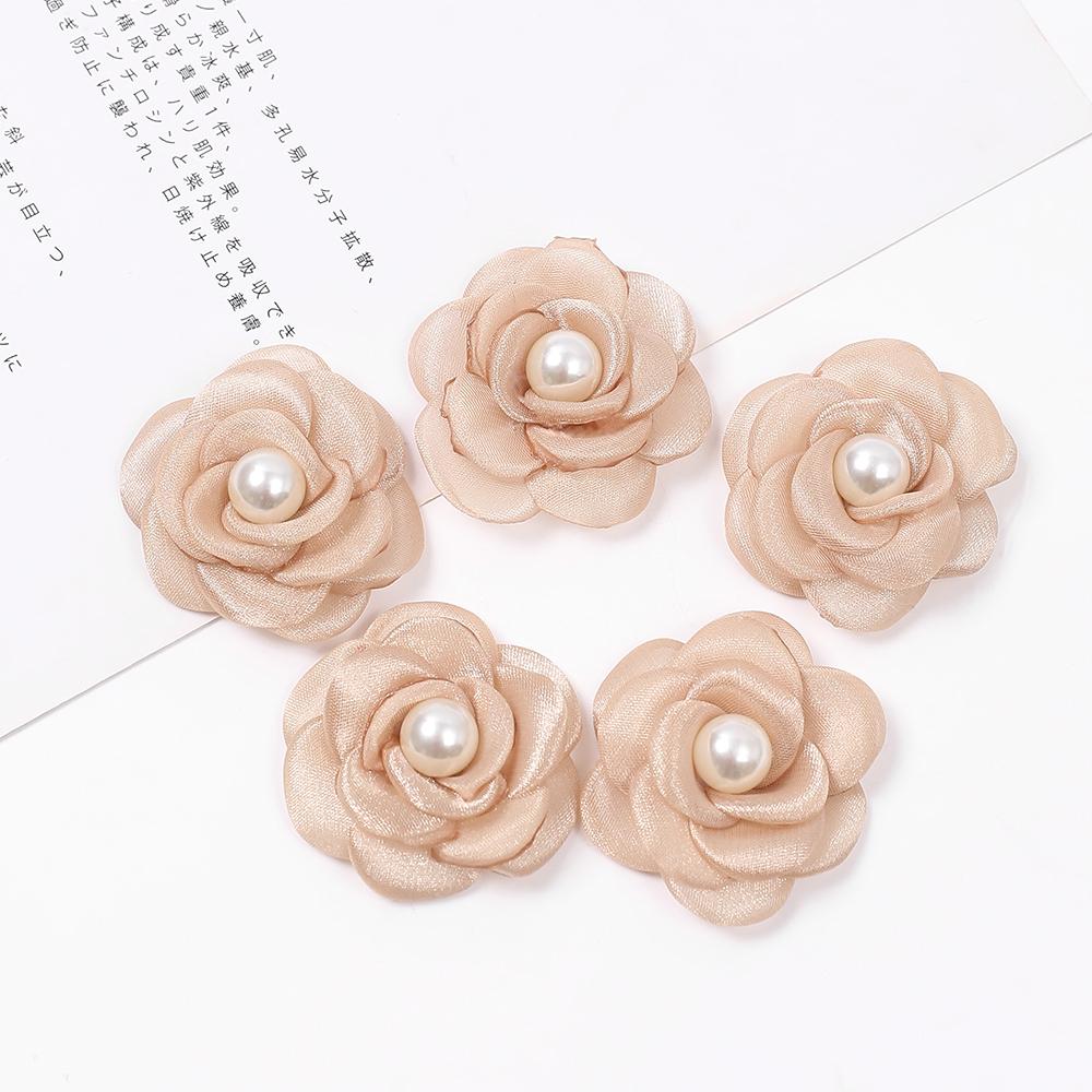 Künstliche Blumen Kopf mit Perlen Chiffon Stoff Haarnadel Corsage Hochzeitskleid Kleidung machen Zubehör Seidenblumen khaki