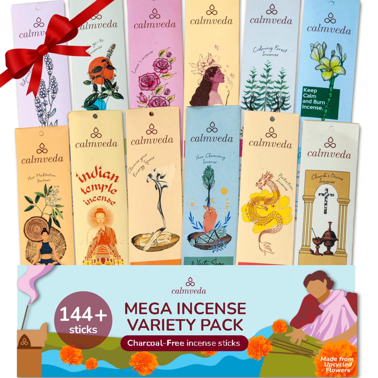 CALMVEDA Natürliche Räucherstäbchen Mega - Sortenpackung 144 Räucherstäbchen Großpackung, 12 Aromen
