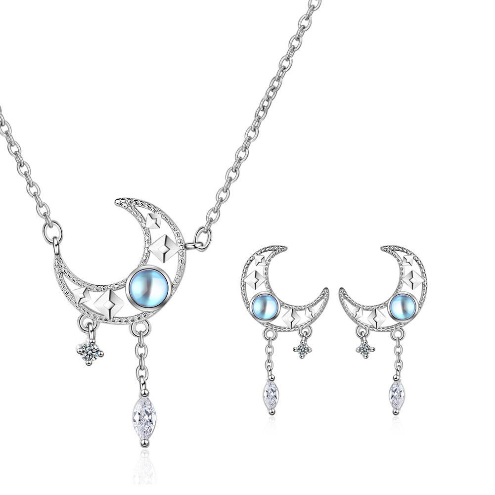 925 Sterling Silber Kristall Mond Schmuck Sets Für Frauen Feine Elegante Halskette Ohrstecker Gaabou Schmuck