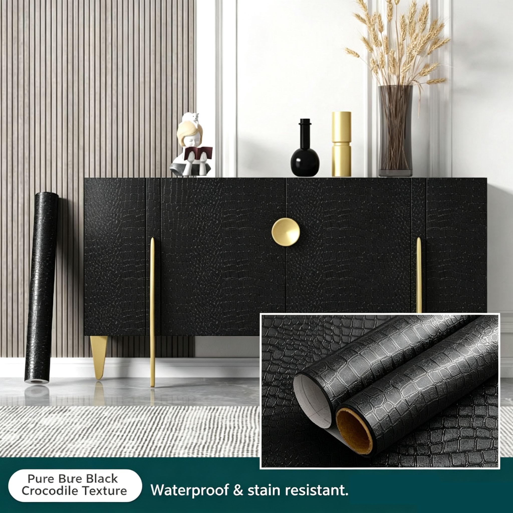 Geprägte Krokodilleder-Abzieh-und-Kleb-Tapete, Wasserdichte Selbstklebende Vinyl-Schrankmöbel-Renovierung Heimwanddekoration 40cm× 3m schwarz