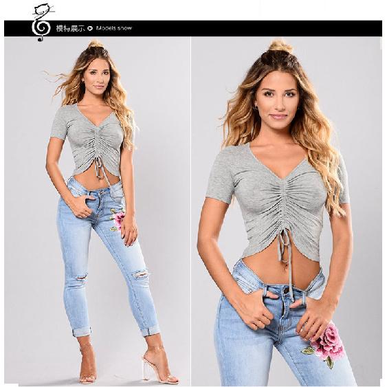 Europäische und amerikanische Damenjeans mit zerrissenen Löchern und gestickten Blumen, Damenjeans, lange Hosen, Hosen mit kleinem Bein XL hellblaue