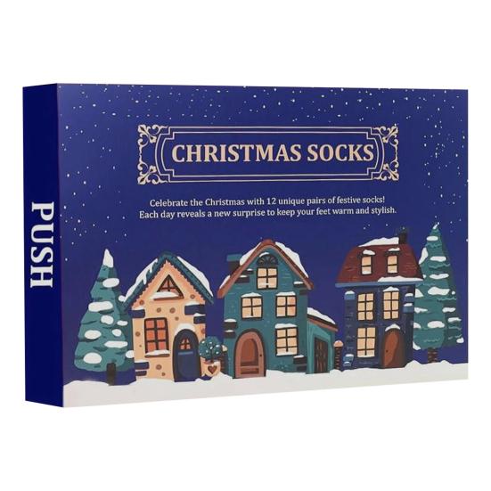 Socken Adventskalender 2025 24 Tage Weihnachts-Countdown-Kalender 12 Paare Feiertagsüberraschung Baumwollsocken Geschenke für Männer Frauen D