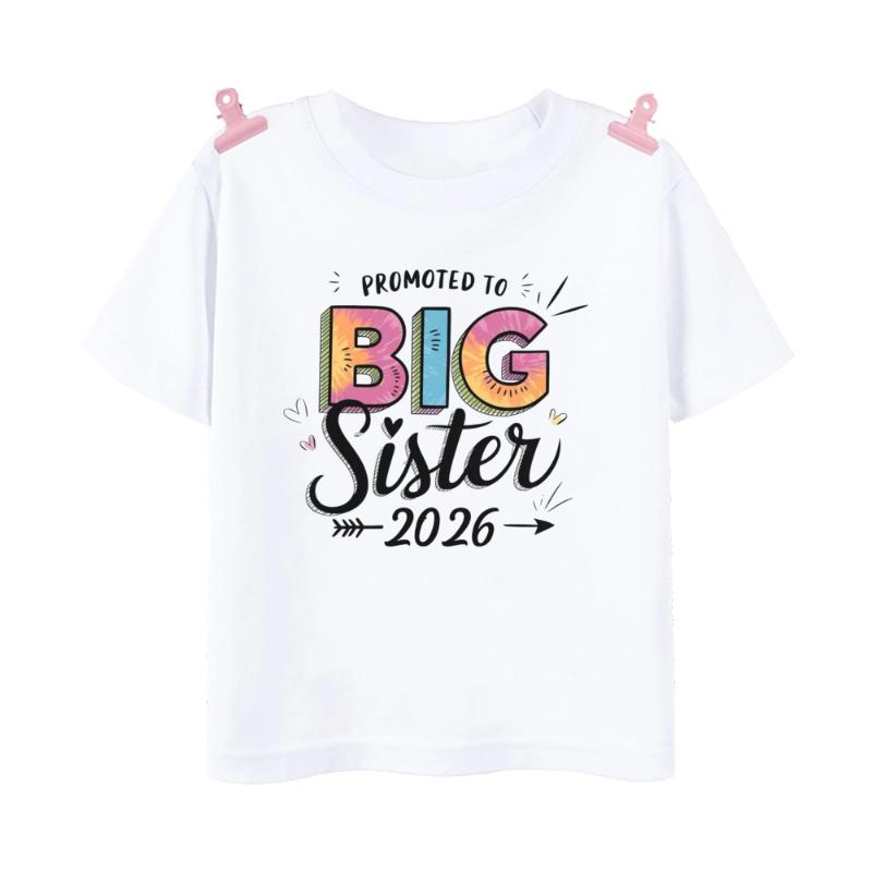 Große Schwester 2026 Teenager Kinder Kurzarm Tops T-Shirt Sommer Mädchen Lässig Locker Mode Rundhals Kinderbekleidung 100cm