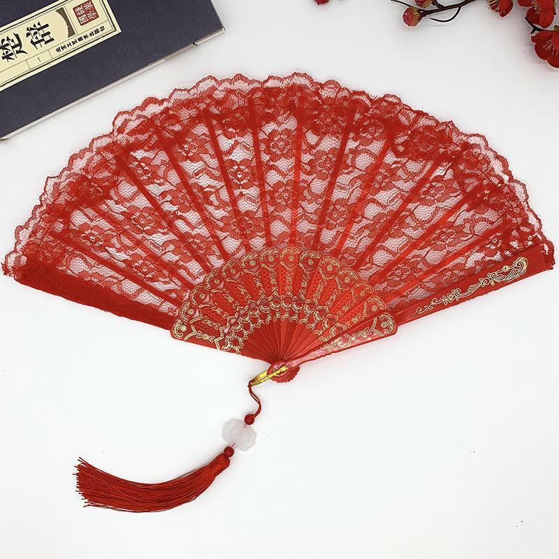 Europäischer Stil, Retro Spitze Spitze, Fächer für Damen, Sommer, Orchideen-Fächer, Tanzaufführung, Foto-Requisiten, Faltfächer Fan with tassel rot