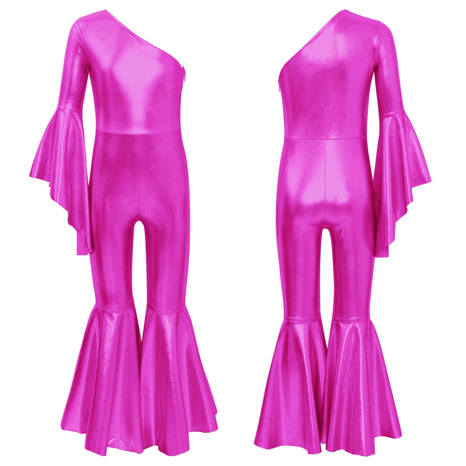 Metallisch glänzender Bell-Bottom-Tanzoverall für Mädchen, modisch, One-Shoulder-Body mit ausgestellten Ärmeln, Karneval, Mottoparty, Performance-Kostüm 5-6 Years heißes rosa