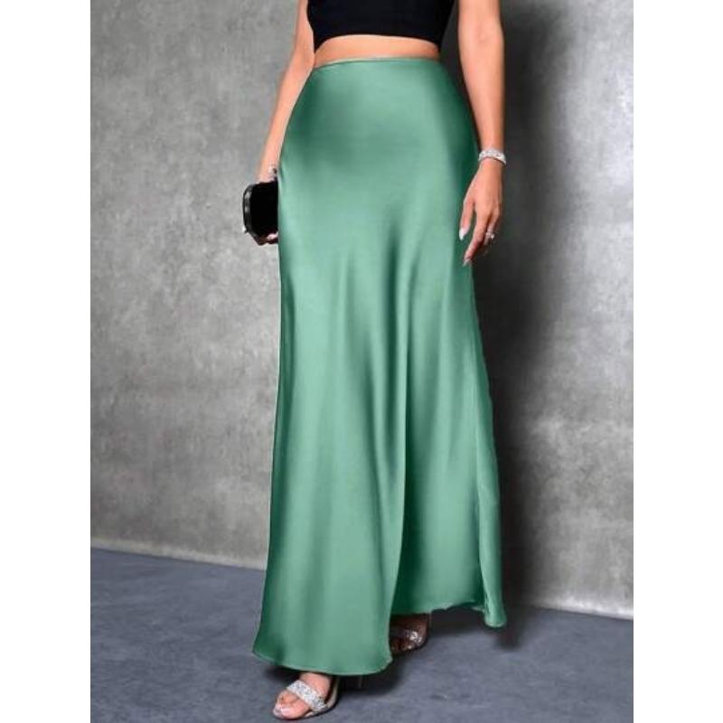 Mode Elegant Locker Damen Satinröcke Frühling und Sommer Neu Einfach Lässig Büro A-Linie Lange Röcke Büro Einfarbig Damenbekleidung S minze, grüne