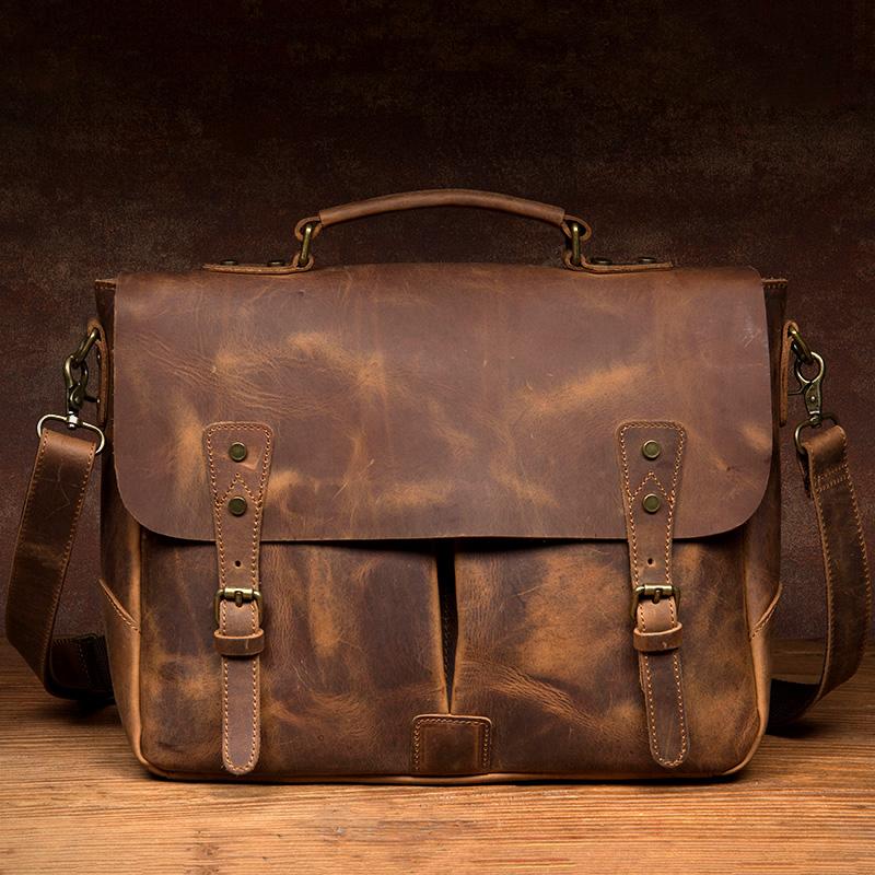 Retro Handtasche Leder Aktentasche Leder Schulter Messenger Bag männlich Crazy Horse Leder Messenger Bag Cambridge Tasche (30cm<Max Length<50cm) khaki