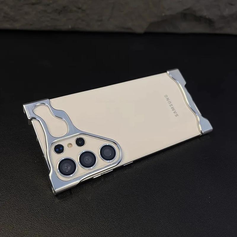Luxuriöse, unregelmäßige Stoßstangen-Telefonhülle aus Aluminiumlegierung für Samsung Galaxy S25 S24 S23 Ultra Plus, Linsenfolienschutz, stoßfeste Abdeckung aus Bare-Metal For Samsung S23 Ultra silber