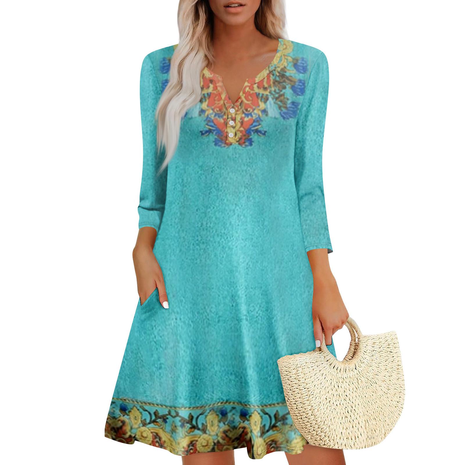 Damen Sommerkleid Lockeres V-Ausschnitt Dreiviertelärmel Sommerkleid mit Taschen Kleid XL himmelblaue