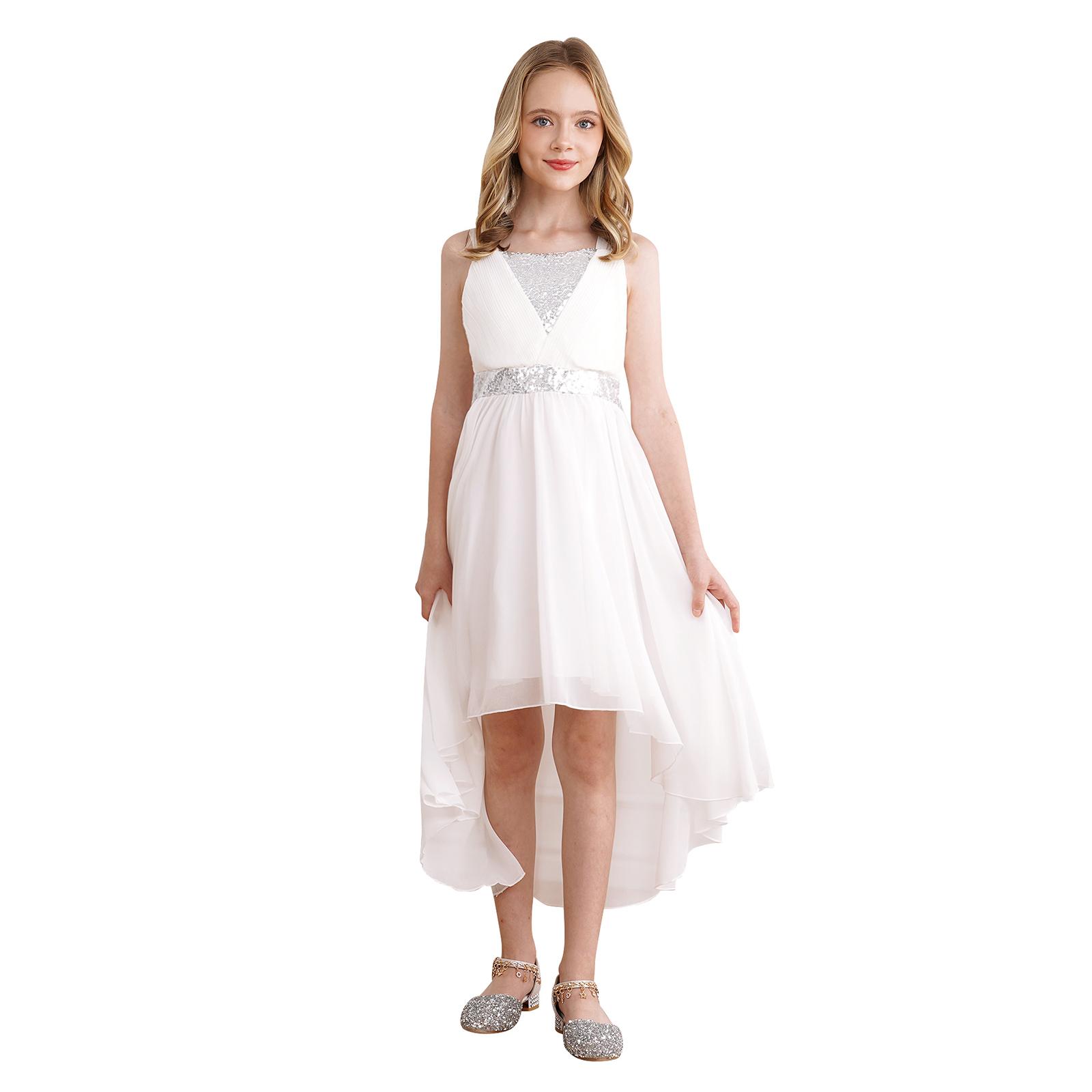 Kinder Mädchen Spitze Chiffon Hochzeit Brautjungfer Kleid Ärmelloses Formales Party Abendkleid Kinder Ballkleid 13-14 Years silber