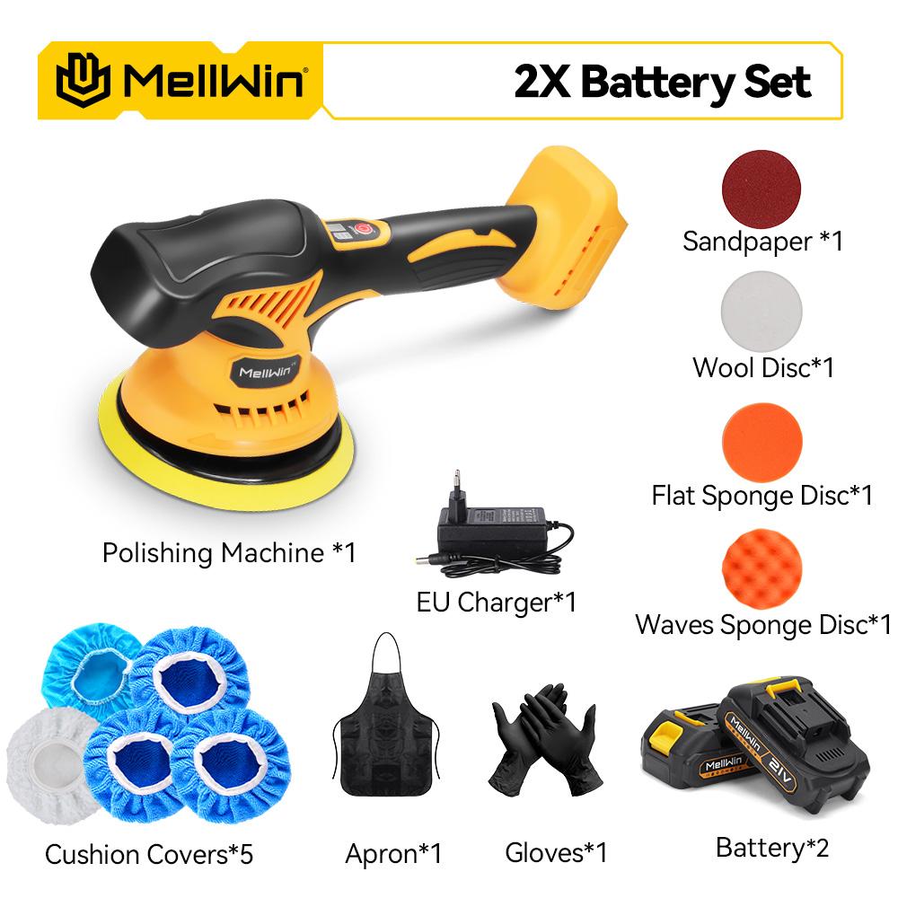 MELLWIN 150 mm kabelloser elektrischer Autopolierer, 8-fach verstellbar, Auto-Polier- und Wachsschleif-Elektrowerkzeug, passend für Makita 21 V 18 V Akku 2 Battery Set