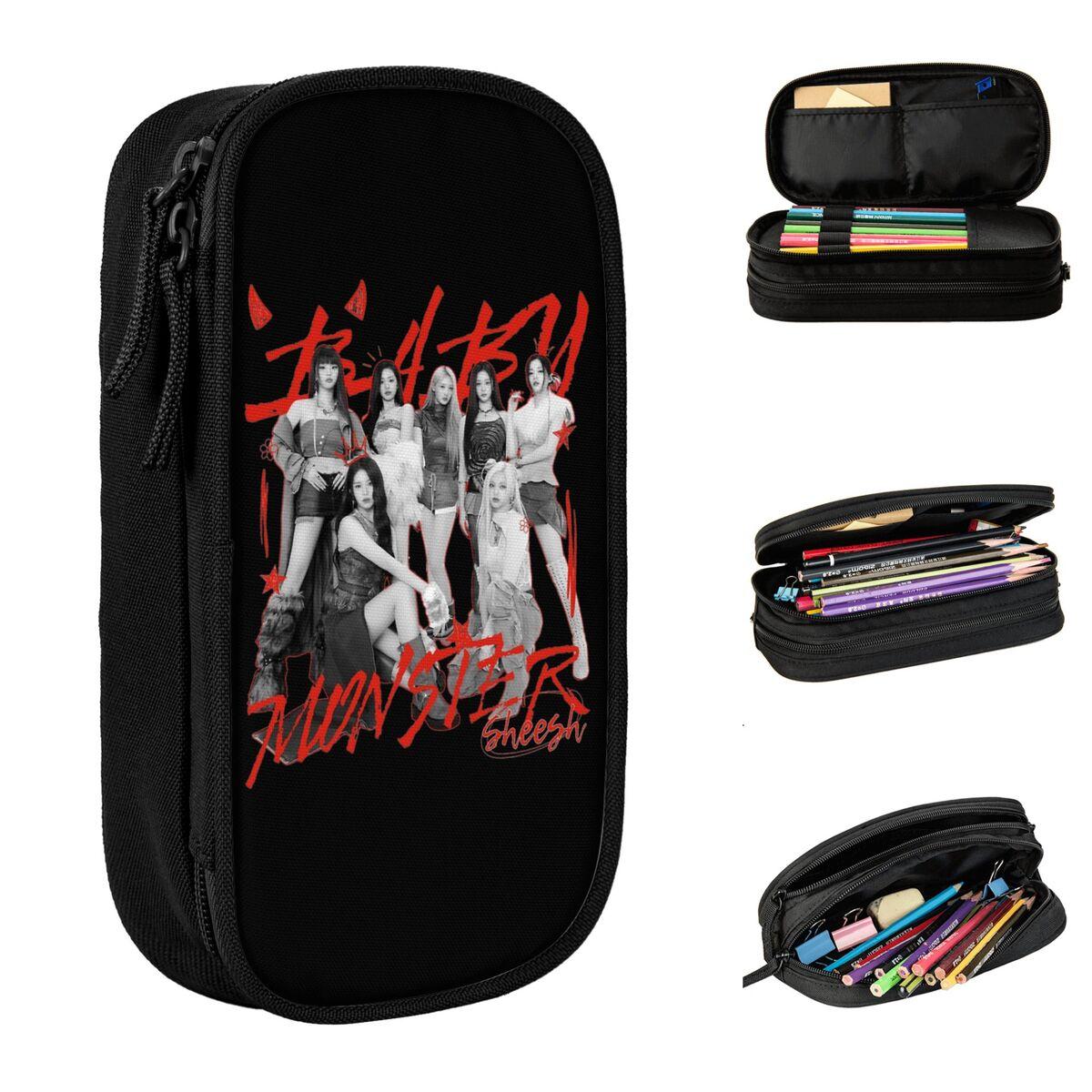 BABYMONSTER Sheesh Federmäppchen Klassisch KPOP Stift Bleistift Taschen Mädchen Jungen Großer Stauraum Schulbedarf Kosmetik Federmäppchen 21x10.5x5cm black