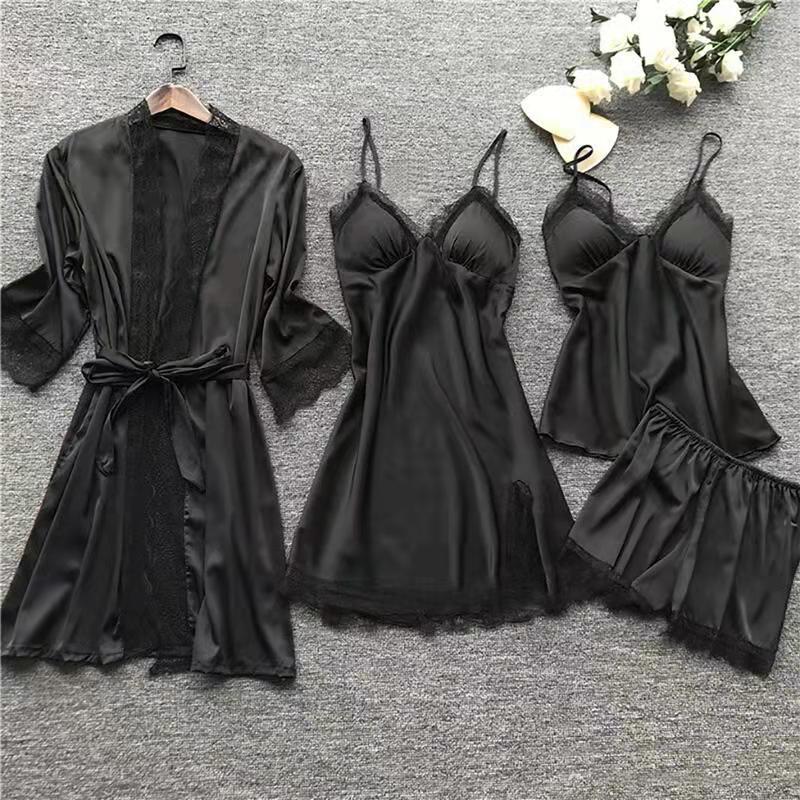Pyjama-Set für Damen, Cami-Shorts, Nachthemden, Pyjama-Set aus Satinstoff, atmungsaktives Pyjama-Set mit Bademänteln, 5-teiliges Pyjama-Set, Nachtwäsche, Loungewear-Nachthemden XXXXL