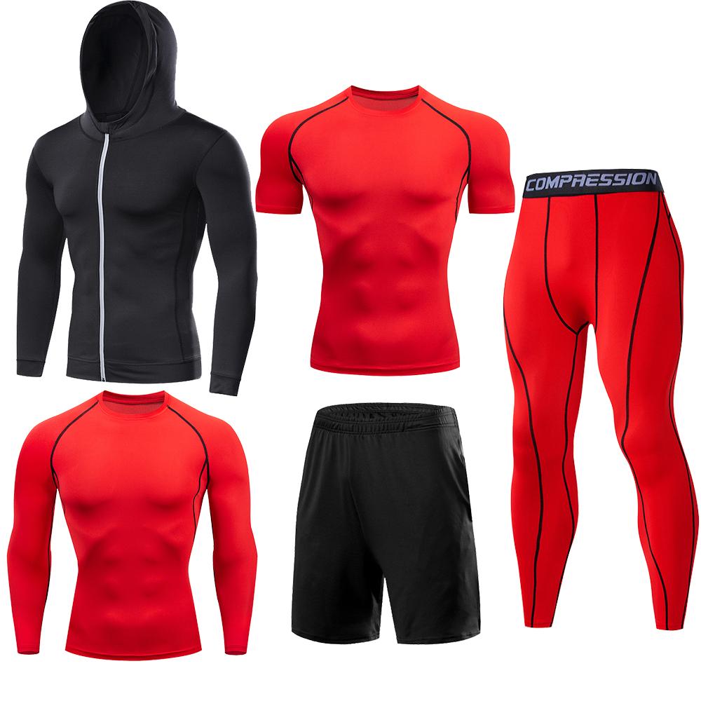 5 Teile/satz Männer Kompression Sport Anzüge Lauf Sets Basketball Training Strumpfhosen Kleidung Gym Fitness Jogging Sport Trainingsanzüge XXXL rot
