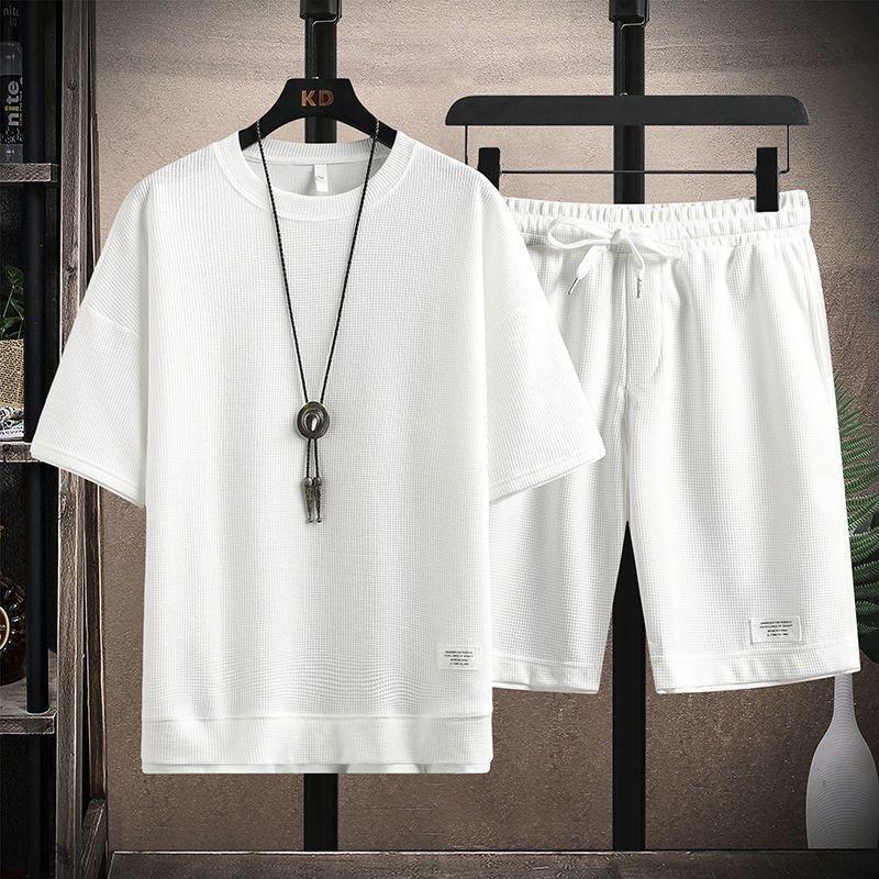 Herren Sommer Sets mit Waffelmuster, lässiges T-Shirt + Shorts Set, männlicher Sportanzug, einfarbig, Trainingsanzug, lockere Anzüge XL weiß