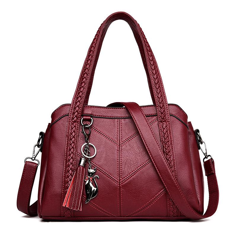 Weiche PU Leder Luxus Handtaschen Frauen Taschen Designer Damen Hohe Qualität Quaste Umhängetaschen Shopper Tote 31*11*22cm wein rot