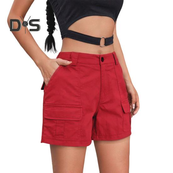 Damen Cargo-Shorts, lässige knielange Bermuda-Cargo-Shorts mit Taschen, Sommer-Baggy-Shorts mit weitem Bein, Wander-Outfits XL rot