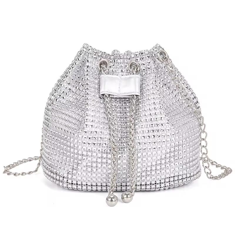 Damenmode Diamanten Strass Eimer Taschen Retro Perle Kette Damen Schulter Taschen Glänzende Kleine Umhängetaschen Weibliche Handtaschen silber