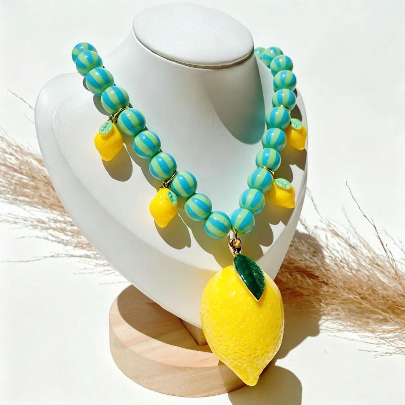 Sommer Mode Bunte Fruchtperlen Halskette Handgefertigte Perlen Zitrone Erdbeere Anhänger Halskette Choker Halskette Schmuck Accessoire A2 blue