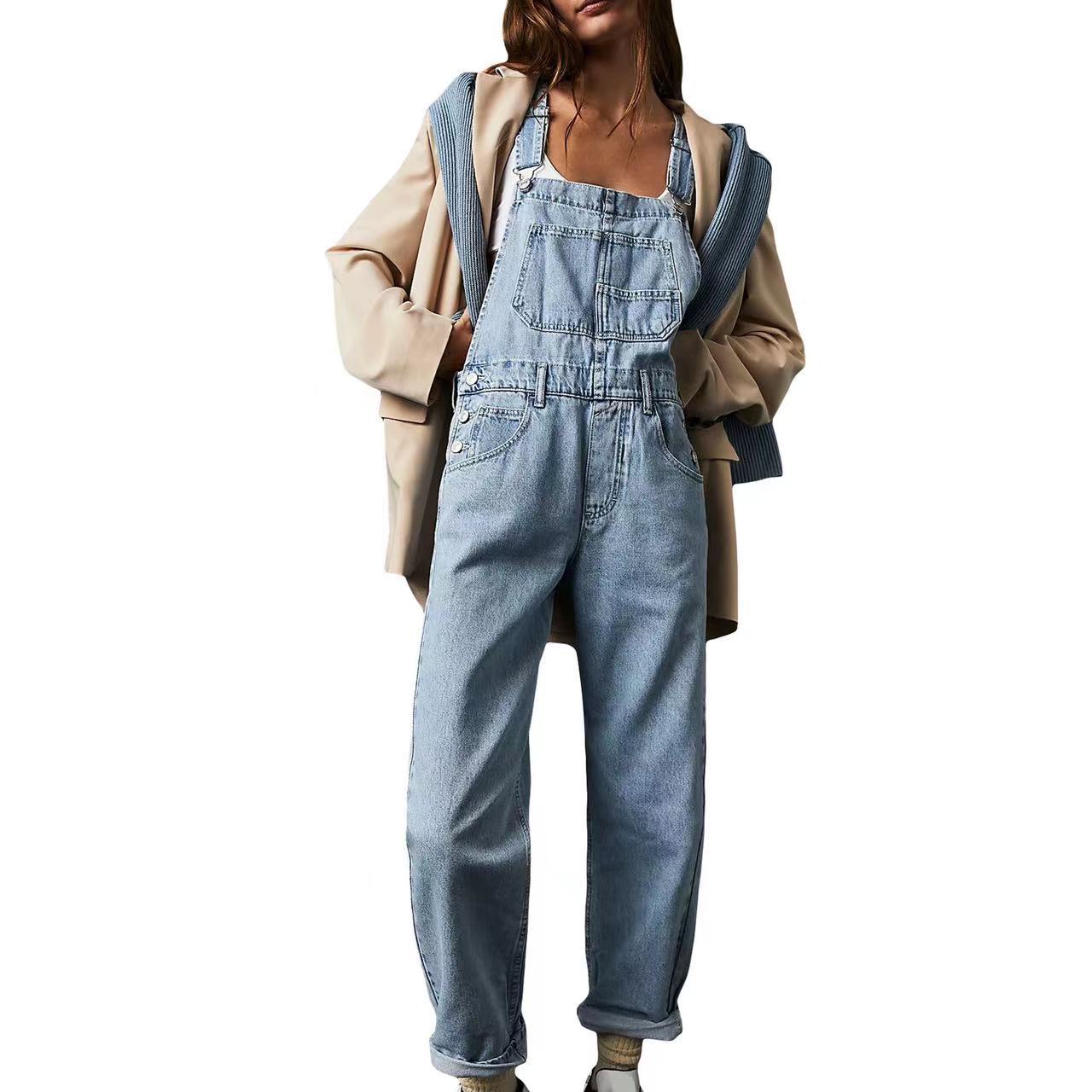 Blauer Damen Vintage Retro Denim Langer Jumpsuit Lässig Träger Gerade Einteiler Latzhose Sommer Baggy Latzhose XL blau