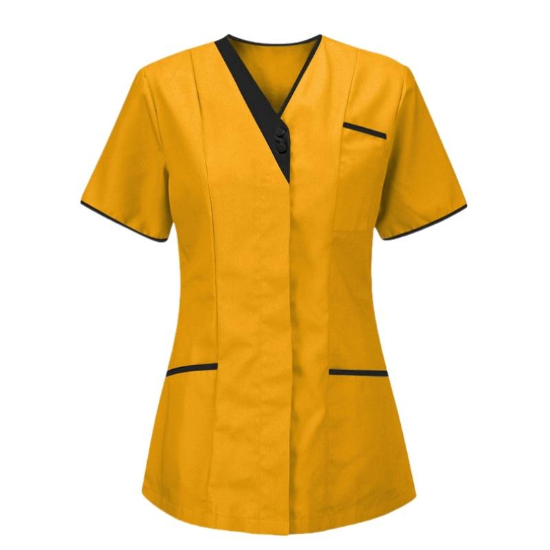 Schönheitssalon Arbeitskleidung Arzt Kurzarm Oberteil V-Ausschnitt Krankenschwester Uniform Einfarbiges Oberteil M gelb