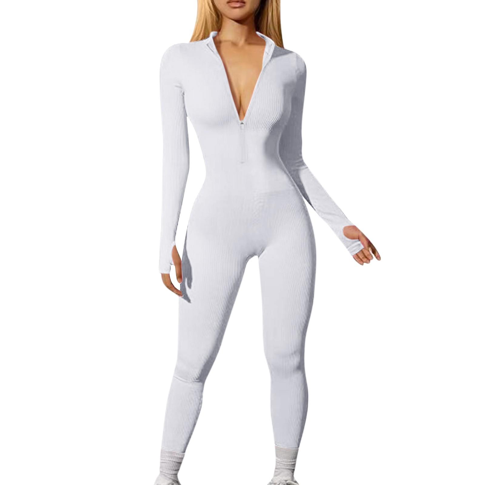 Damen Einfarbig Sport Casual Jumpsuit Langarm Reißverschluss Jumpsuit Lange Hosen Enganliegend XL weiß
