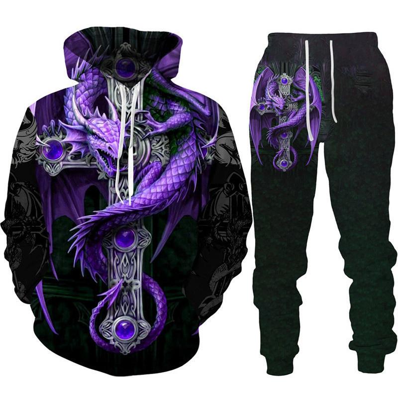 Retro Dragon Tattoo 3D-Druck Herren Damen Trainingsanzug-Sets Casual Hoodie + Hose 2-teiliges Set Übergroßes Sweatshirt Mode Herrenbekleidung M