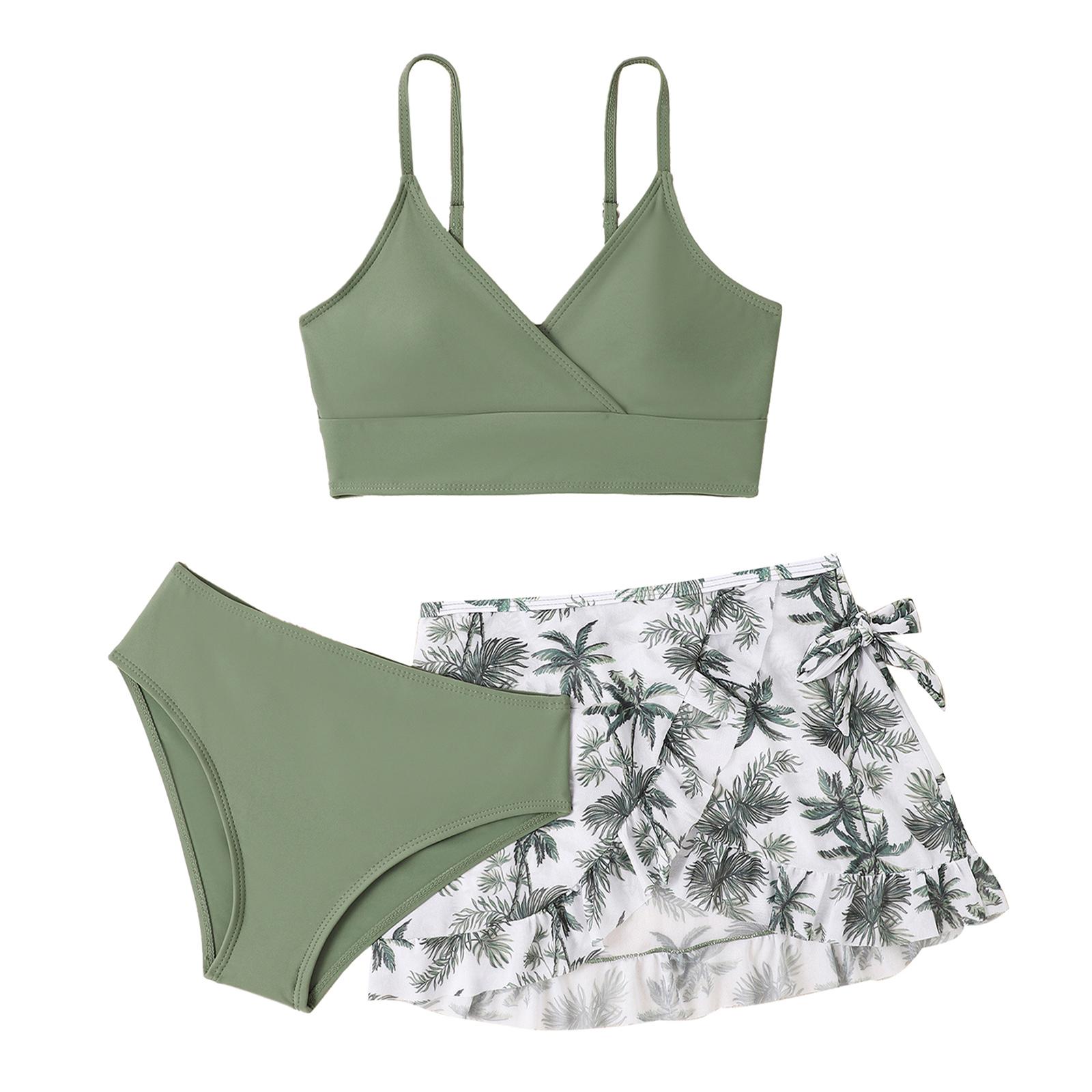 Badeanzüge für Mädchen, 3-teilig, gepolsterter Bikini-Badeanzug mit Überwurfrock, Blumendruck, Strand-/Surf-Tankini, Bademode 13-14 Years grün