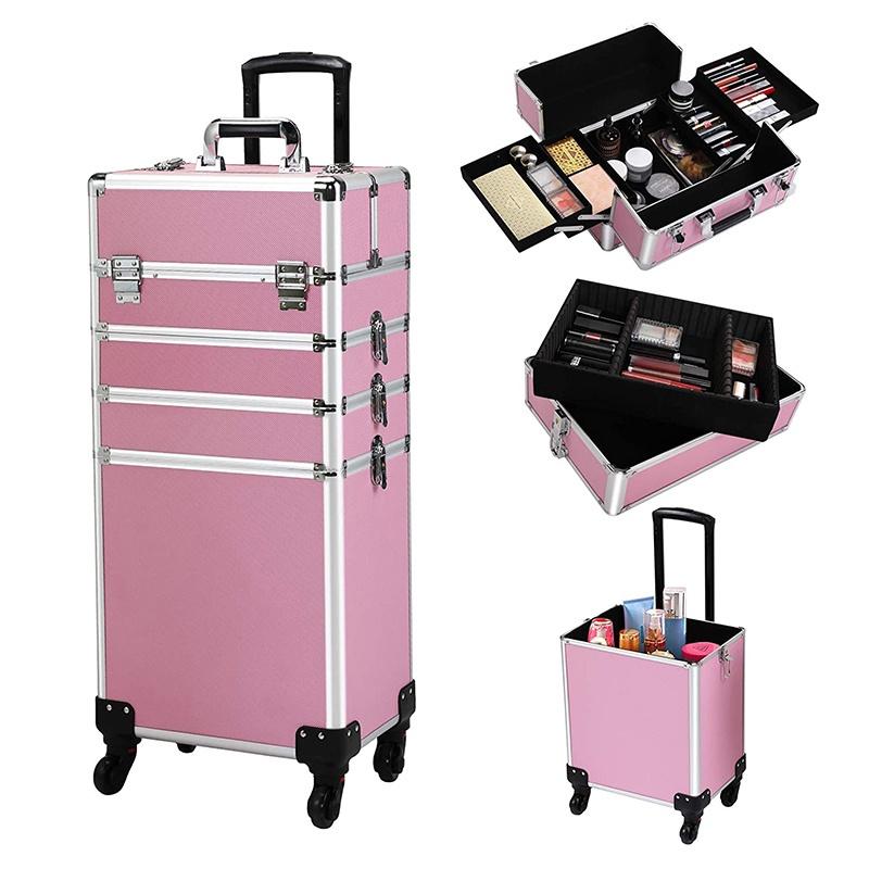 Professioneller Kosmetikkoffer mit großer Kapazität, tragbarer Aluminium-Make-up-Organizer-Koffer-Trolley für Damen, Reise-Make-up, Pink/Schwarz, 4-in-1 rosa