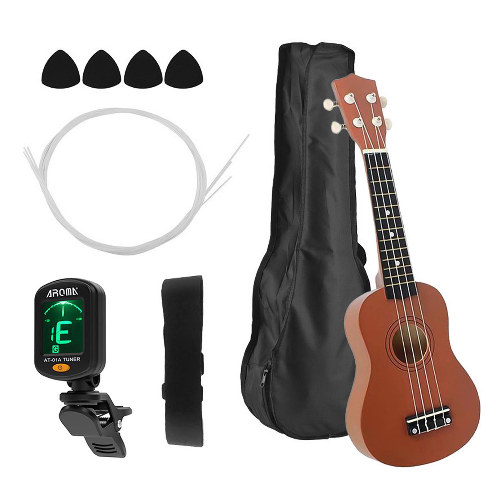21 Zoll farbige akustische Sopran-Ukulele, Anfänger-Ukulele, Uke-Set aus Lindenholz mit Tragetasche, Uke-Gurt, Saiten, Plektren, Stimmgerät holz braun