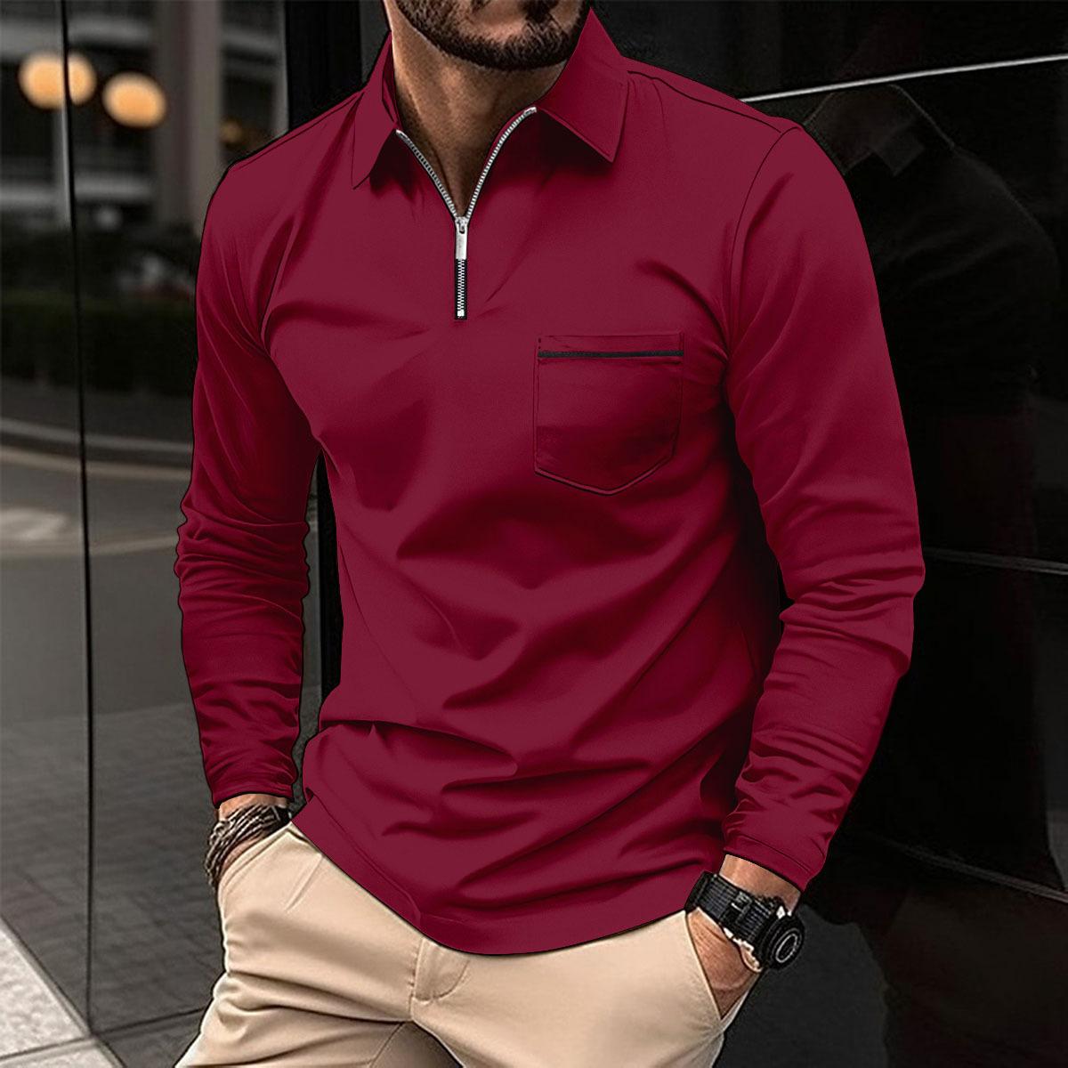 Modisches Poloshirt mit Reißverschlusstasche, langärmelig, sportliches Poloshirt für Herren, einfarbig XXXL bordeaux