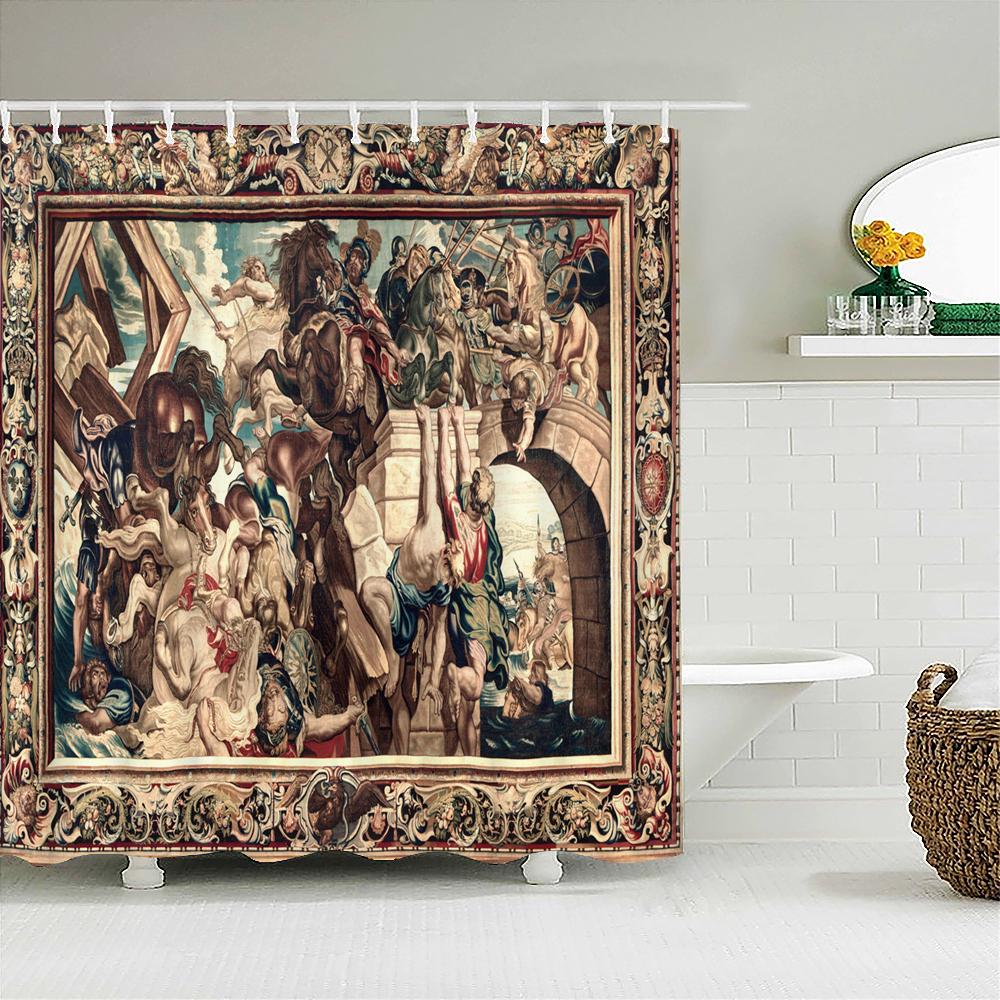 Der Garten der Lüste Duschvorhang für Badezimmer Kunst Badvorhang Engel Jesus Christus Gemälde Polyester Duschvorhang W180xH240cm