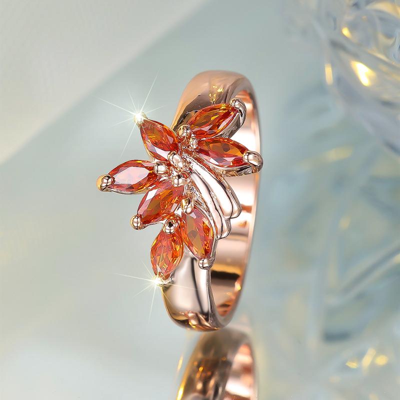 Romantische rote Zirkonia Blatt Fingerringe für Frauen Gold Farbe Pflanze Eheringe Ring Party Schmuck Geschenke 8 rose gold/rot