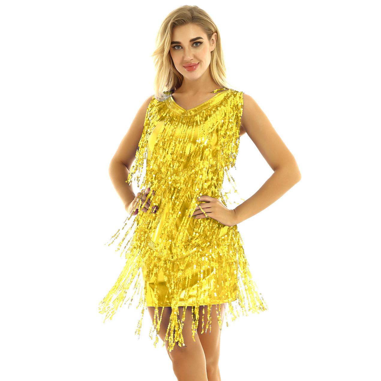 Damen-Kostüm, Tanzkostüm, Cocktail-Abendkleid, Damenbekleidung, Sommerkleider, Fransenkleider XL gold