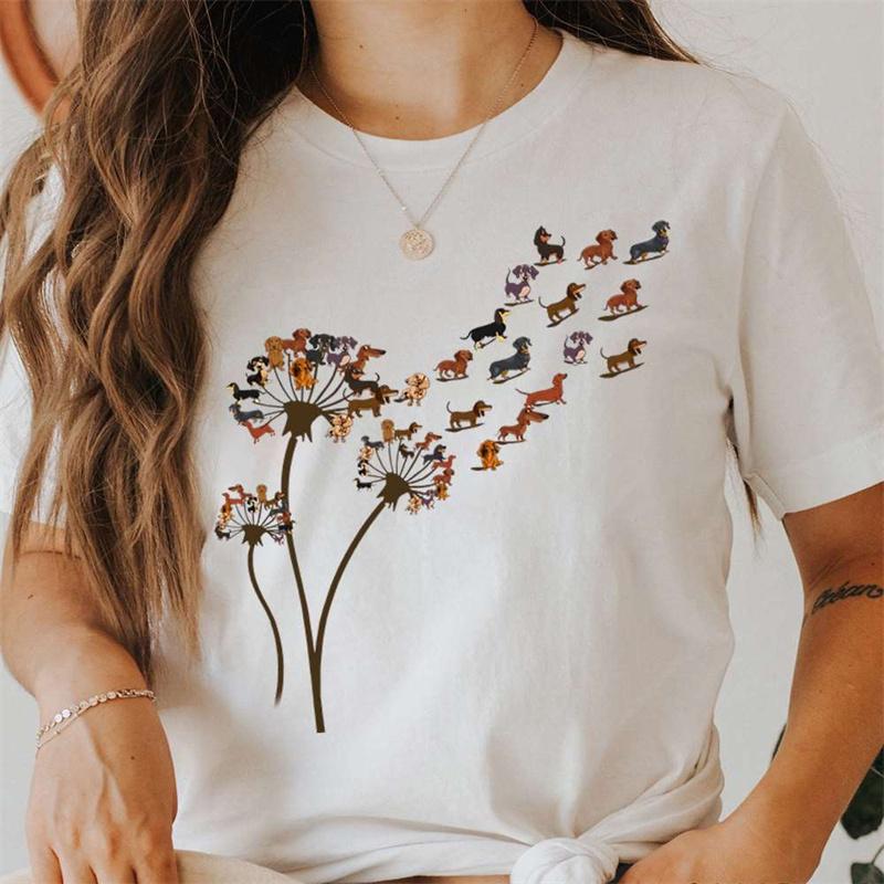 Lustige Löwenzahn Dackel Damen T-Shirt Kleidung Kawaii Cartoon Grafik Damen T-Shirts Shirt Kurzarm T-Shirt Femme T-Shirt Tops 4XL
