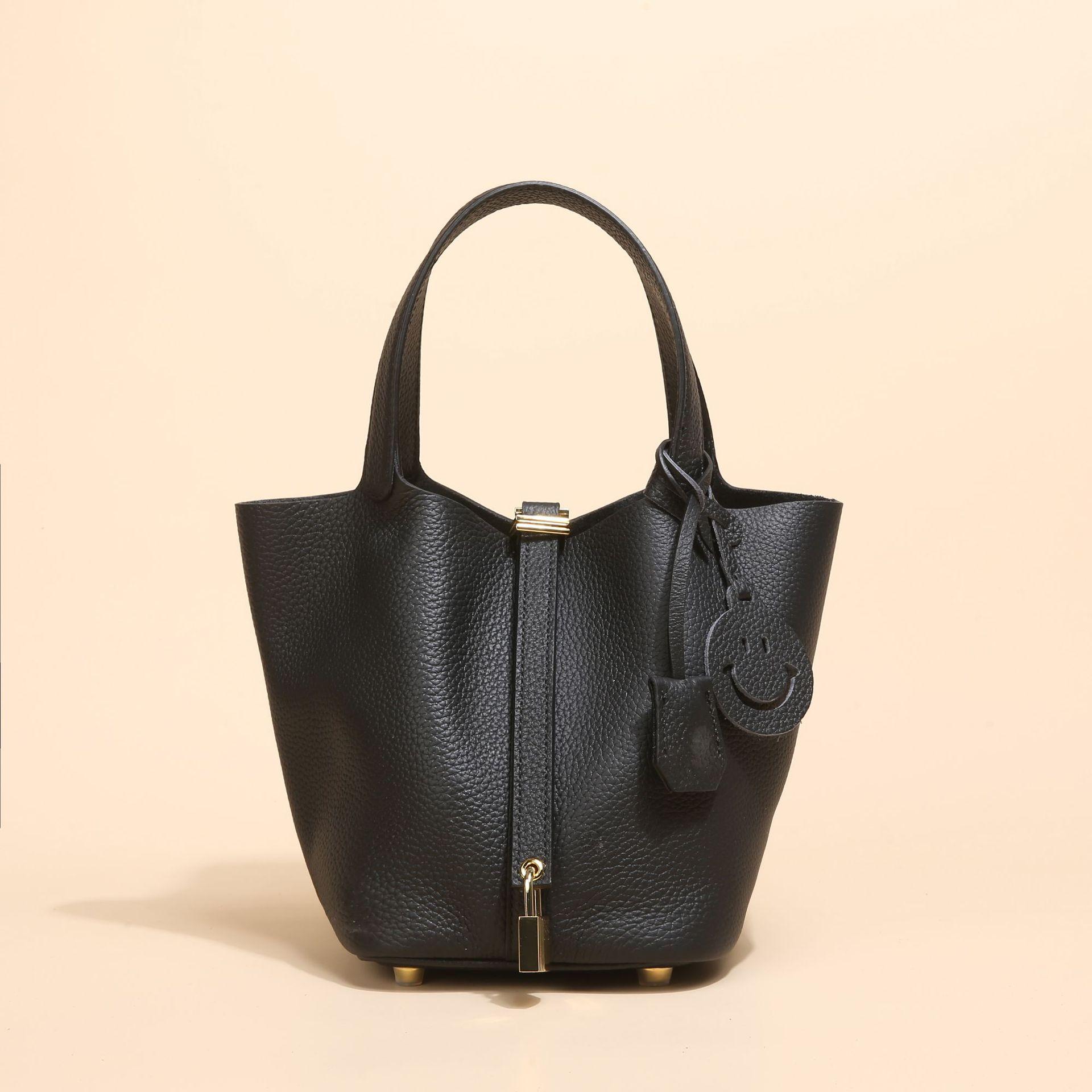 Echtes Leder Damen Gemüse Korb Tasche Tasche Herbst und Winter Litschi Muster Eimer Tasche Handtasche für Frauen schwarz