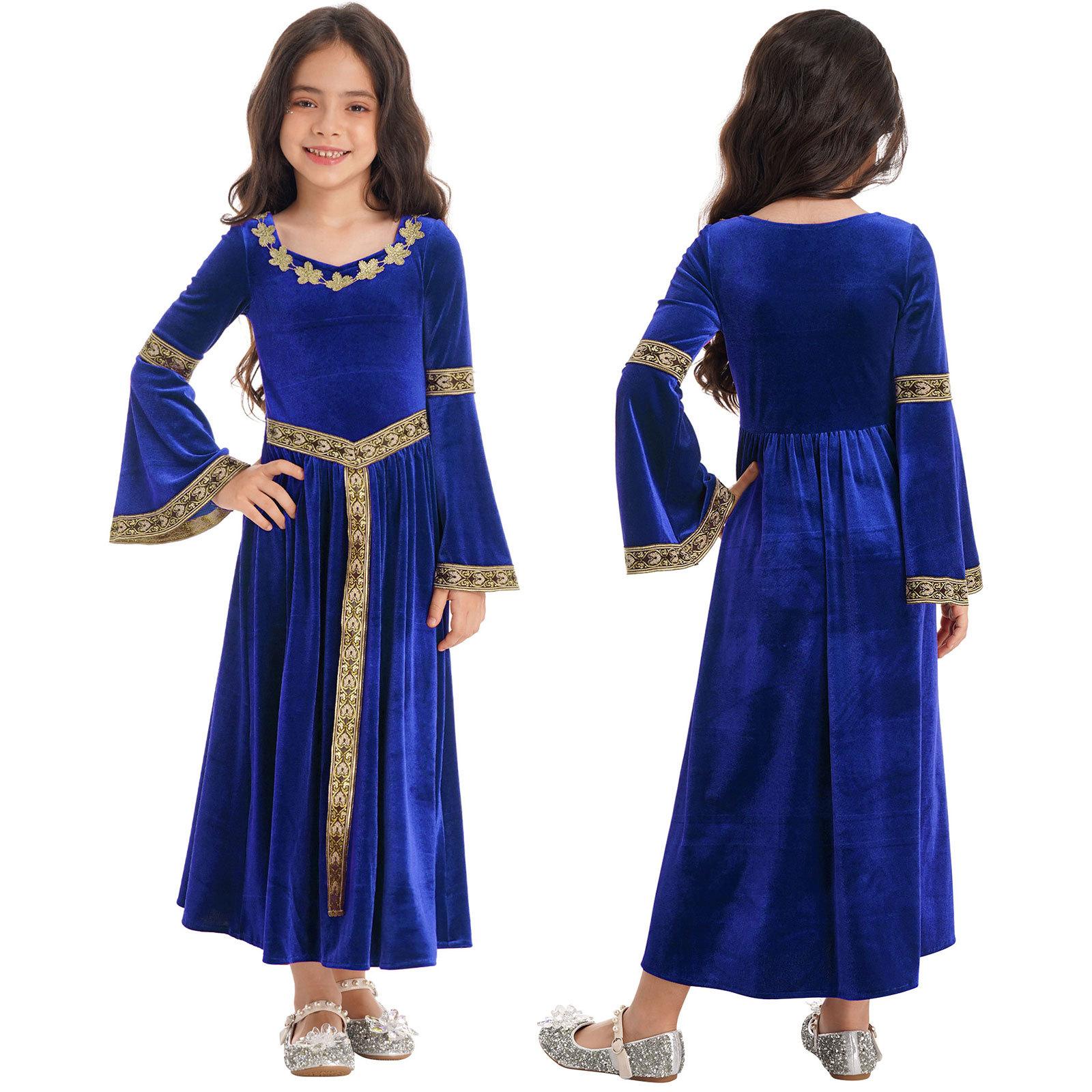 Mittelalter Kostüm Mädchen Mittelalterkleid Vintage Prinzessin Maxikleid Renaissance Cosplay Kostüm Partykleid 9-10 Years blau