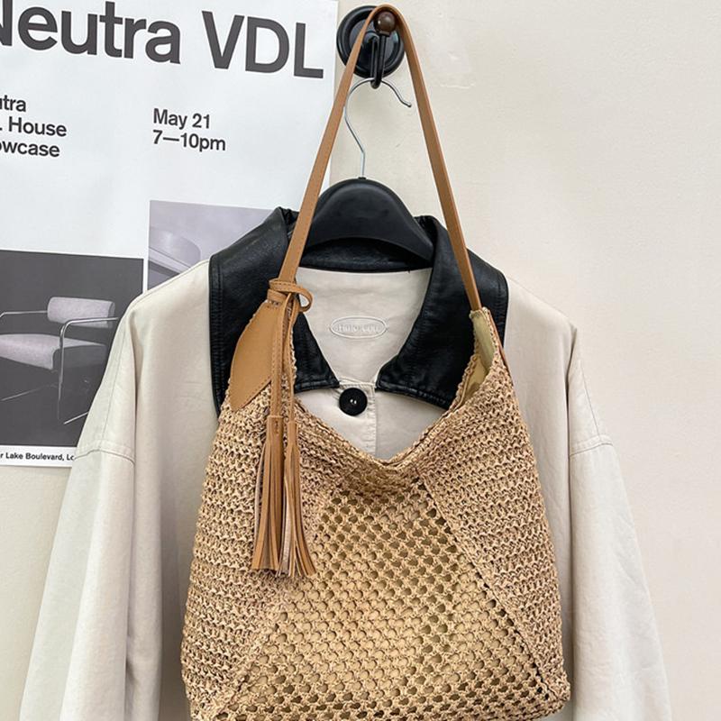 Yogodlns Sommer Vielseitiger Hängeanhänger Gewebte Tasche Modisch Ausgeschnitten Freizeit Gras Gewebte Tasche Strandtasche Einzelne Schulter Damen Tasche 32x12x33cm khaki