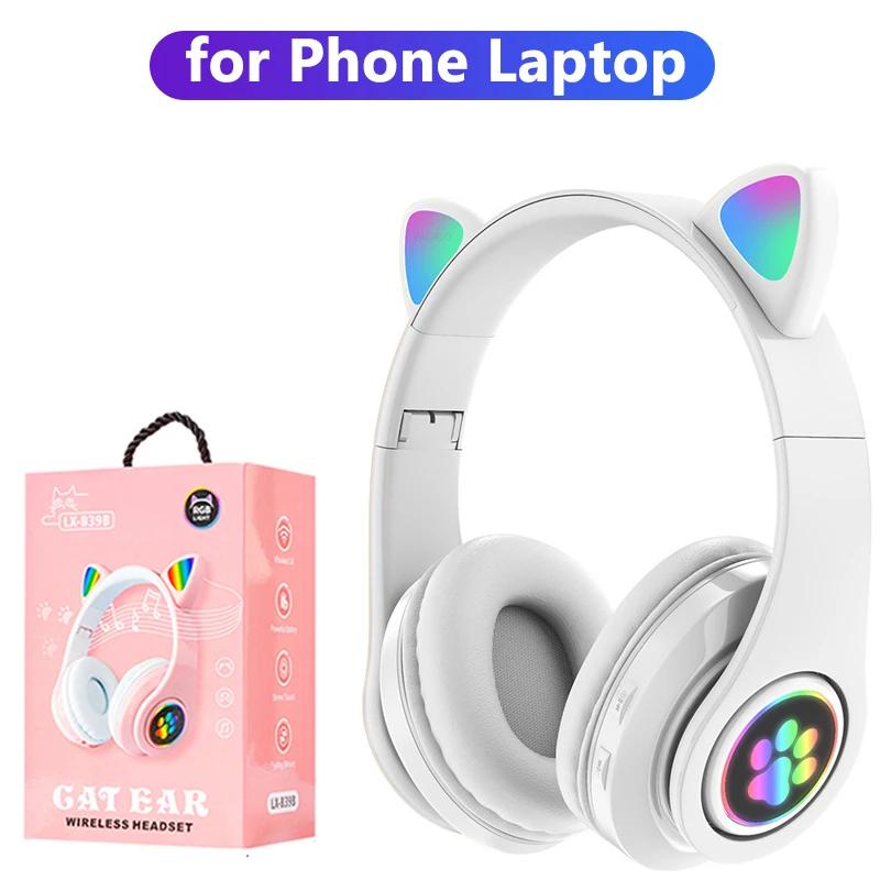 Bluetooth 5.0-Kopfhörer mit Mikrofon, niedliches Katzenohr, kabellos/kabelgebunden, faltbarer Kopfhörer, Bass, RGB-Atmungslicht für Jungen/Mädchen With box weiß
