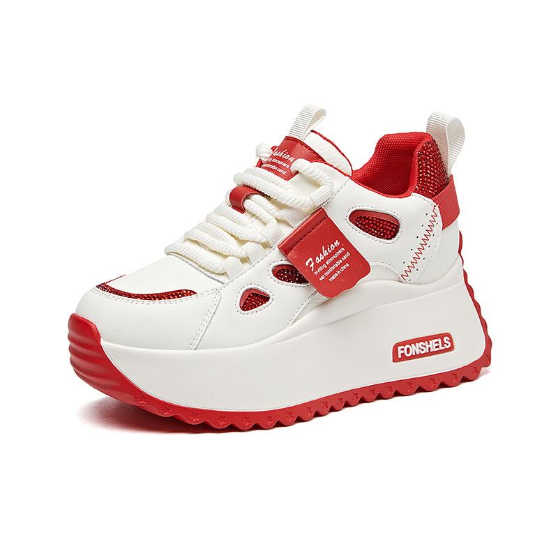 7CM Echtes Leder Bequeme Versteckte Absätze Sneaker Neue Herbst Block Flats Plateau Skateboard Schuhe Vulkanisierte Klobige Sportschuhe 37 rot