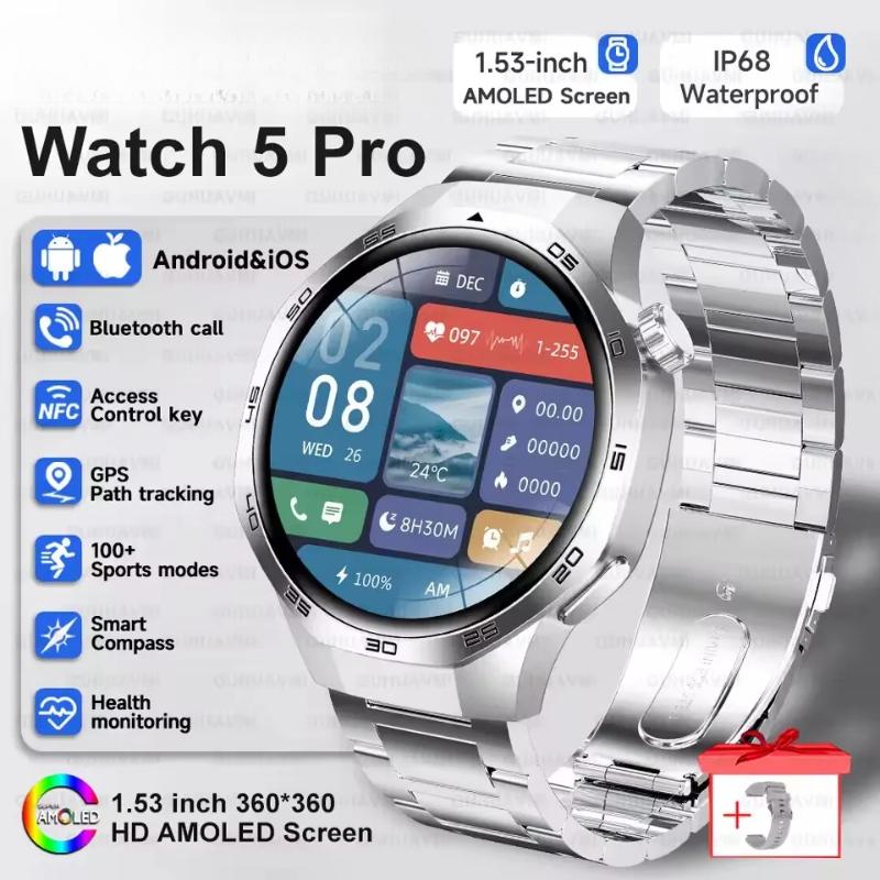2025 Neue Watch GT5 Max Smartwatch HD AMOLED Bildschirm NFC GPS Tracker Bluetooth Anruf Gesundheit Wasserdicht Smartwatch Männer Frauen Für Huawei Silver steel B