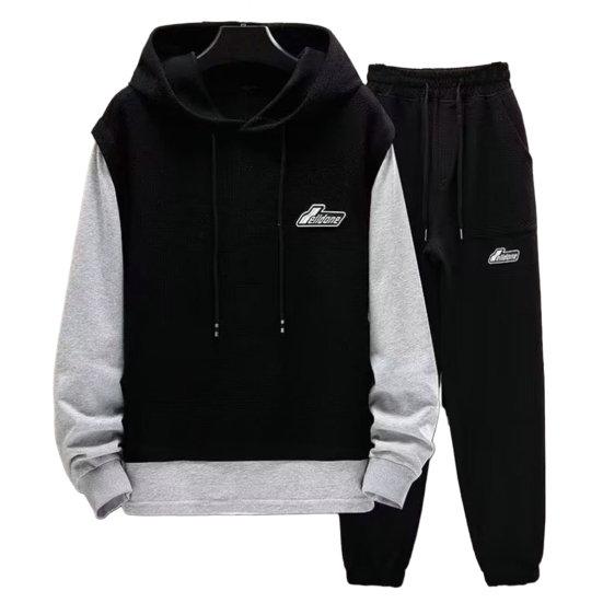 2 Teile/satz Männer Frühling Herbst Patchwork Farbe Trainingsanzug Mit Kapuze Kordelzug Langarm Sweatshirt Elastische Taille Taschen Jogginghose Set Trainingsanzug 3XL schwarz