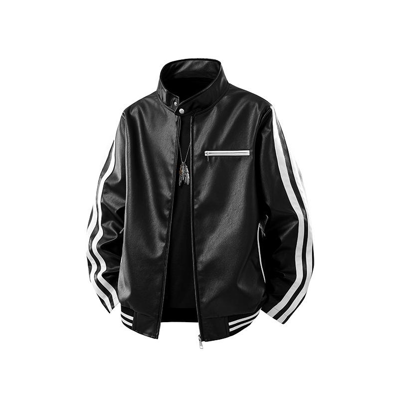 Herren Trendy Lederjacke mit Stehkragen - Lockere Passform, Lässig, Modisch, Bequemes Gewebe mit Schlichtem Linienmuster. M schwarz