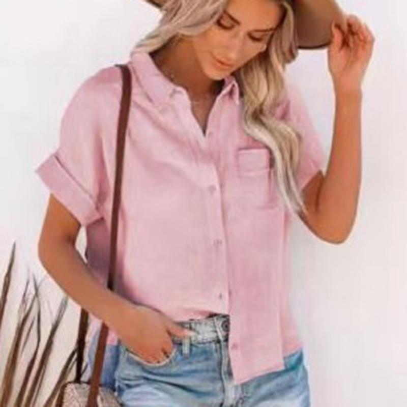 Sommer Baumwolle Leinen Hemd Frauen Kurzen Ärmeln Tops Frauen Elegante Blusen Kurzarm Sommer Shirts Für Frauen Casual 21929 L rosa